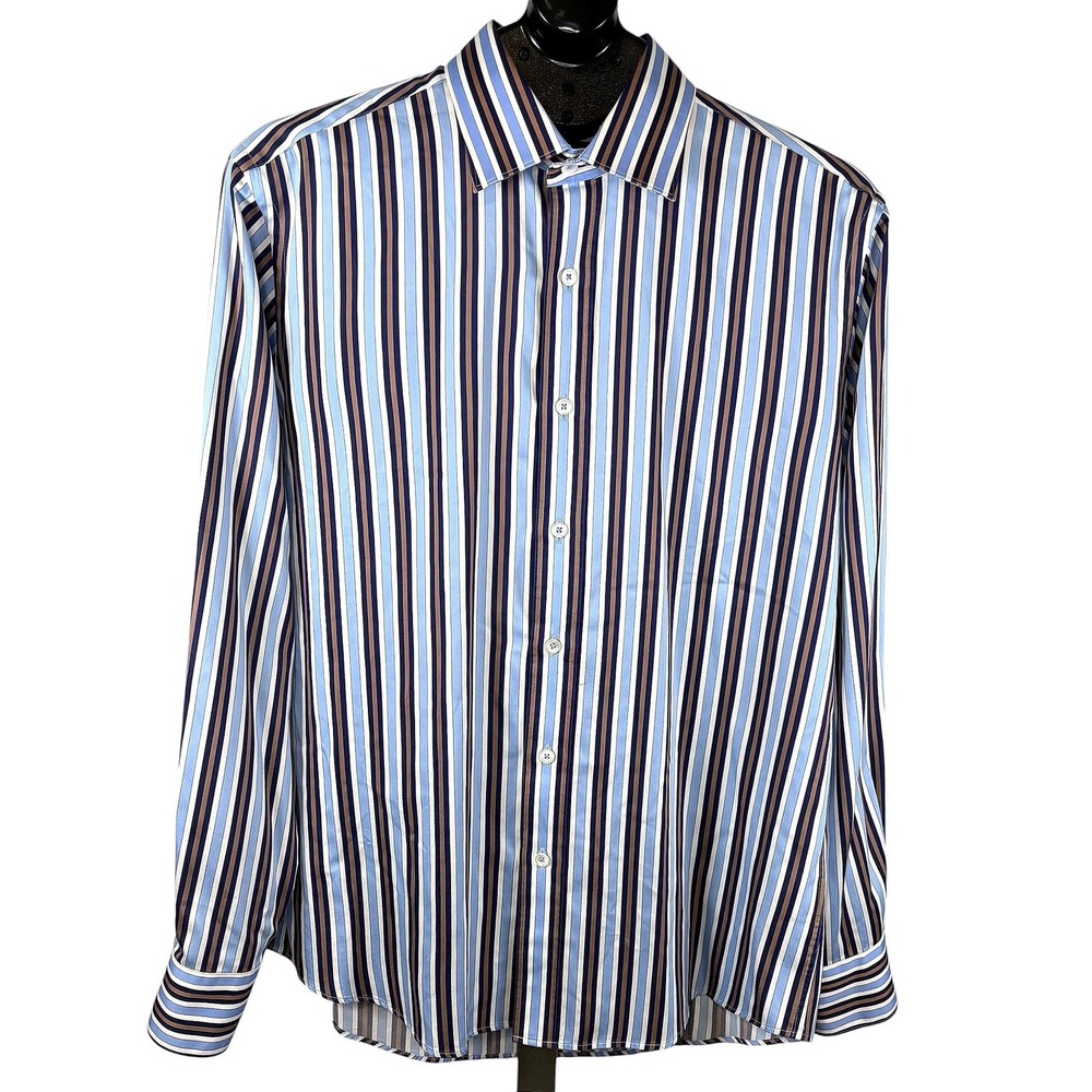 Bugatchi Uomo Mens Blue Brown Striped Button Down Shirt Floral Cuff